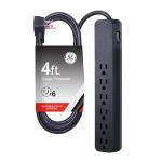 GE Pro 6-Outlet Surge Protector, 4 Ft Extension Cord, 840 Joules, Power Strip, Flat Plug, Integrated Circuit Breaker, Wall Mount, UL Listed, Black, 37051