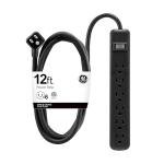 GE 6-Outlet Power Strip, 12 Ft Extension Cord, Flat Plug, Grounded, Integrated Circuit Breaker, 3-Prong, Wall Mount, UL Listed, Black, 45192