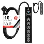 GE 6-Outlet Surge Protector, 2 Pack, 10 Ft Extension Cord, Power Strip, 600 Joules, Flat Plug, Twist-to-Close Safety Covers, Protected Indicator Light, UL Listed, Black, 54646