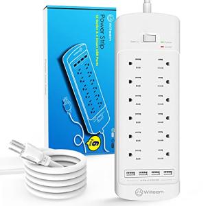 Witeem Surge Protector Power Strip with 12-Outlet (1875W/15A, 4360Joules) and 4 USB Charging Ports (5V/6A, 30W), 6Ft Extension Cord, Wall Mountable Overload Protection Outlet for Home & Office, White