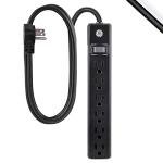 GE 6-Outlet Power Strip, 7 Ft Power Cord, Flat Plug, 3 Prong Outlet, UL Listed, Black
