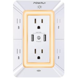 USB Wall Charger, Surge Protector, POWRUI 6-Outlet Extender with 2 USB Charging Ports (2.4A Total) and Night Light, 3-Sided Power Strip with Adapter Spaced Outlets - White,ETL Listed