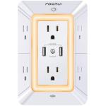 USB Wall Charger, Surge Protector, POWRUI 6-Outlet Extender with 2 USB Charging Ports (2.4A Total) and Night Light, 3-Sided Power Strip with Adapter Spaced Outlets - White，ETL Listed