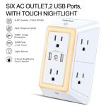 USB Wall Charger, Surge Protector, POWRUI 6-Outlet Extender with 2 USB Charging Ports (2.4A Total) and Night Light, 3-Sided Power Strip with Adapter Spaced Outlets - White，ETL Listed