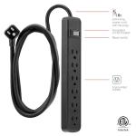 GE 6-Outlet Power Strip, 6 Ft Extension Cord, Heavy Duty Plug, Grounded, Integrated Circuit Breaker, 3-Prong, Wall Mount, UL Listed, Black, 14088