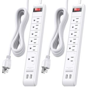 Cable Matters 2-Pack 6 Outlet Surge Protector Power Strip with USB, 12 ft Long Extension Cord (Surge Protector with USB Ports) in White