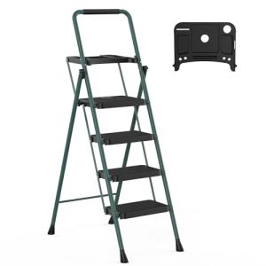 4 Step Ladder, HBTower Folding Step Stool with Tool Platform, Wide Anti-Slip Pedal, Sturdy Steel Ladder, Convenient Handgrip, Lightweight 330lbs Portable Steel Step Stool, Green and Black