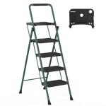 4 Step Ladder, HBTower Folding Step Stool with Tool Platform, Wide Anti-Slip Pedal, Sturdy Steel Ladder, Convenient Handgrip, Lightweight 330lbs Portable Steel Step Stool, Green and Black