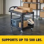 Rubbermaid Commercial Products 2-Shelf Utility/Service Cart, Medium, Flat Shelves, Ergonomic Handle, 500 lbs. Capacity, for Warehouse/Garage/Cleaning/Manufacturing (FG452500BLA)