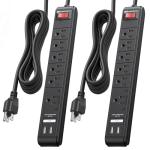 Cable Matters 2-Pack 6 Outlet Surge Protector Power Strip with USB, 12 ft Long Extension Cord (Surge Protector with USB Ports) in Black