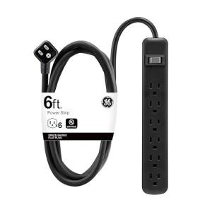GE 6-Outlet Power Strip, 6 Ft Extension Cord, Heavy Duty Plug, Grounded, Integrated Circuit Breaker, 3-Prong, Wall Mount, UL Listed, Black, 14088
