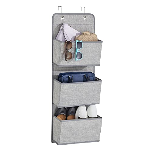 mDesign Fabric Hanging Organizers for Over the Door Storage In Bedroom or Hallway Closets, 3 Pocket Organizer Caddy with Hooks for Linens, Clothing, Accessories, Lido Collection, Textured Print - Gray