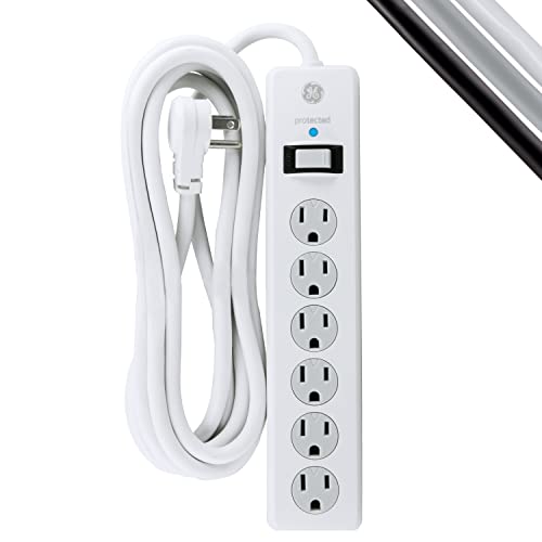 GE 6-Outlet Surge Protector, 8 Ft Extension Cord, Power Strip, 800 Joules, Flat Plug, Twist-to-Close Safety Covers, Protected Indicator Light, UL Listed, White, 14014