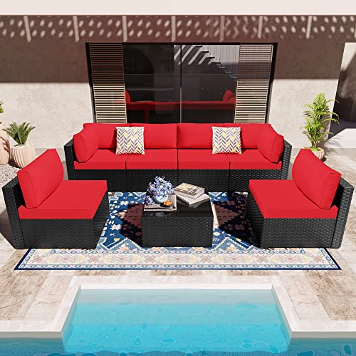 Walsunny 7 Piece Outdoor Sectional Patio Furniture Set, Outdoor Couch Wicker Patio Furniture Sets Clearance for Back Yard (Black Rattan)(Red)
