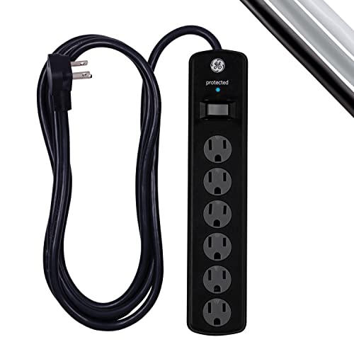 GE 6-Outlet Surge Protector, 8 Ft Extension Cord, Power Strip, 1300 Joules, Flat Plug, Twist-to-Close Safety Covers, Protected Indicator Light, UL Listed, Black, 33662