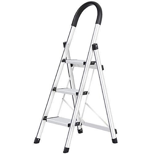 Lionladder 3 Step Ladder, Folding Step Stool with Wide Anti-Slip Pedal, 330lbs Sturdy Steel Ladder, Sponge Safety Handgrip, Lightweight, Portable Step Stool，Silver