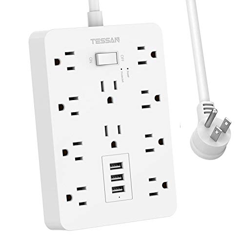Surge Protector with USB, TESSAN Power Strip Flat Plug with 10 Widely Spaced AC Outlets and 3 Charging Ports, 1875W 15A 5FT, 1700 Joules, Wall Mount Extension Cord for Home and Office, White
