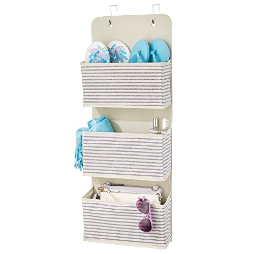 mDesign Fabric Hanging Organizers for Over The Door Storage in Bedroom/Hallway Closets - 3 Pocket Organizer Caddy, Hooks for Clothing, Accessories, Stripe Print - Lido Collection Natural/Cobalt Blue