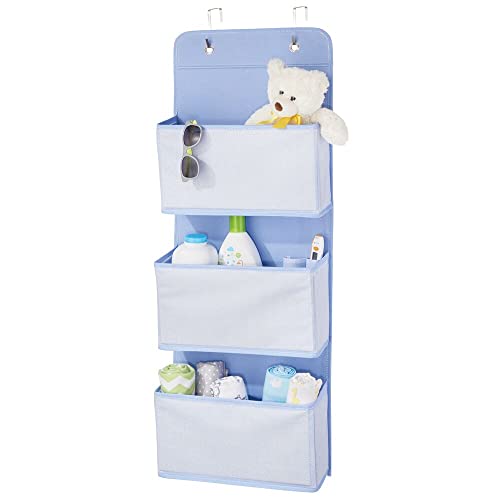 mDesign Fabric Baby Nursery Hanging Organizers for Over the Door Storage for Kids - 3 Pocket Organizer Caddy with Hooks for Clothing, School, Diaper, Toy, and Outfit Storage - Blue Herringbone