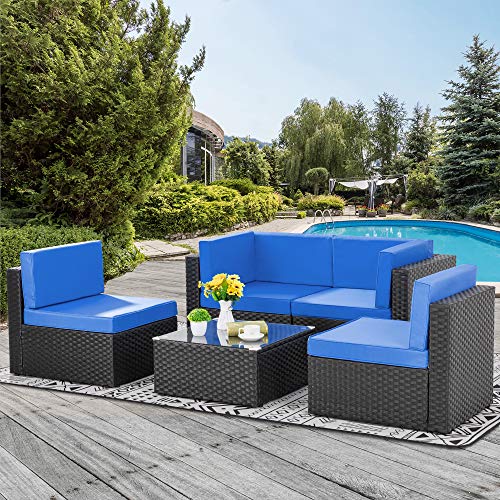 Walsunny 5 Pieces Patio Outdoor Furniture Sets,Low Back All-Weather Rattan Sectional Sofa with Tea Table&Washable Couch Cushions (Black Rattan) (Royal Blue)