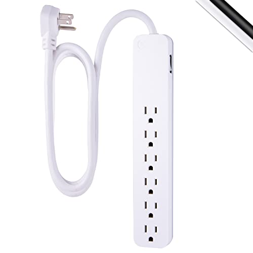 GE 6-Outlet Surge Protector, 4 Ft Extension Cord, 840 Joules, Power Strip, Flat Plug, Integrated Circuit Breaker, Wall Mount, UL Listed, White, 37210