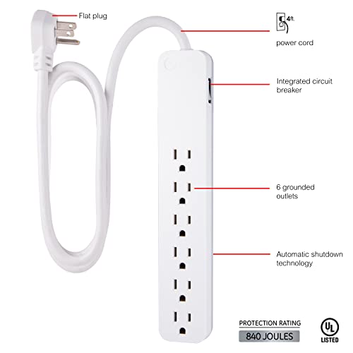 GE 6-Outlet Surge Protector, 4 Ft Extension Cord, 840 Joules, Power Strip, Flat Plug, Integrated Circuit Breaker, Wall Mount, UL Listed, White, 37210