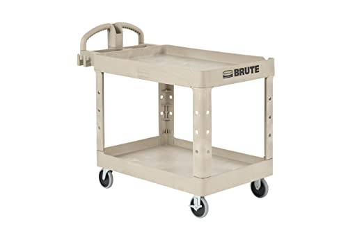 Rubbermaid Commercial Products - FG4520088BEIG 2-Shelf Utility/Service Cart, Medium, Lipped Shelves, Ergonomic Handle, Beige Color, 500 lbs. Capacity, for Warehouse/Garage/Cleaning/Manufacturing (FG452088BEIG)
