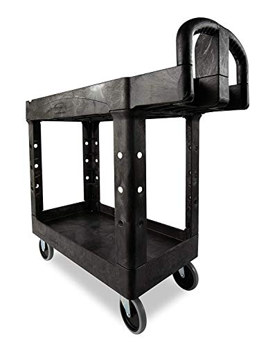 Rubbermaid Commercial Products 2-Shelf Utility/Service Cart, Small, Lipped Shelves, Ergonomic Handle, 500 lbs. Capacity, for Warehouse/Garage/Cleaning/Manufacturing (FG450088BLA)