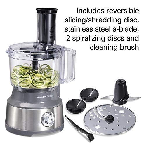 Hamilton Beach Food Processor & Vegetable Chopper for Slicing, Shredding, Mincing, and Puree, 10 Cups + Veggie Spiralizer makes Zoodles and Ribbons, Stainless Steel (70735)