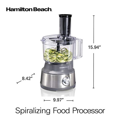Hamilton Beach Food Processor & Vegetable Chopper for Slicing, Shredding, Mincing, and Puree, 10 Cups + Veggie Spiralizer makes Zoodles and Ribbons, Stainless Steel (70735)