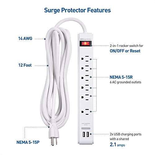 Cable Matters 2-Pack 6 Outlet Surge Protector Power Strip with USB, 12 ft Long Extension Cord (Surge Protector with USB Ports) in White