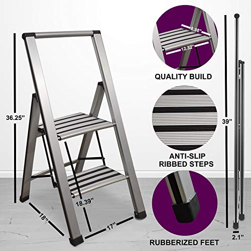 Step Ladder 2 Step Folding, Decorative - Modern Beautiful Aluminum, Ultra Slim Profile, Anti Slip Steps, Sturdy-Portable for Home, Office, Kitchen, Photography Use,by SORFEY
