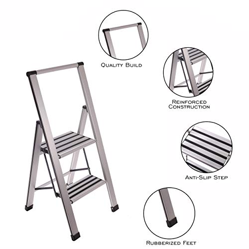 Step Ladder 2 Step Folding, Decorative - Modern Beautiful Aluminum, Ultra Slim Profile, Anti Slip Steps, Sturdy-Portable for Home, Office, Kitchen, Photography Use,by SORFEY