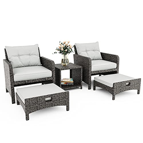 Pamapic 5 Pieces Wicker Patio Furniture Set Outdoor Patio Chairs with Ottomans Conversation Furniture with coffetable for Poorside Garden Balcony(Grey Cushion +Grey Rattan)