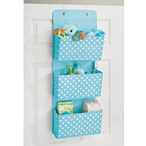 mDesign Fabric Baby Nursery Hanging Organizers for Over the Door Storage for Kids, 3 Pocket Organizer Caddy, Hooks for Clothing, School, Diaper, Toy, or Outfit Storage, Polka Dot, Turquoise Blue/White