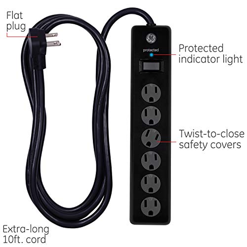 GE 6-Outlet Surge Protector, 2 Pack, 10 Ft Extension Cord, Power Strip, 600 Joules, Flat Plug, Twist-to-Close Safety Covers, Protected Indicator Light, UL Listed, Black, 54646