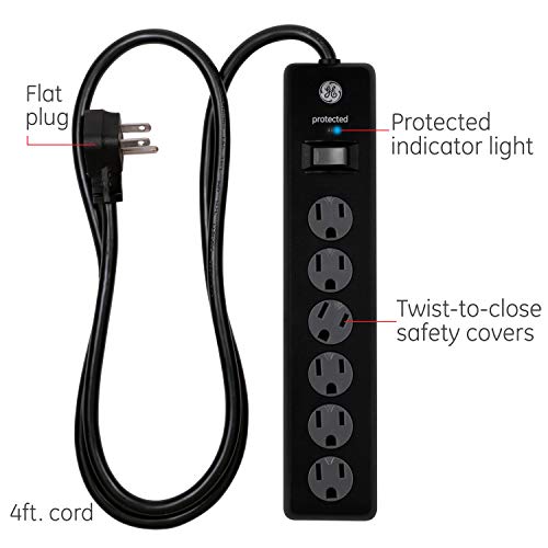 GE 6-Outlet Surge Protector, 2 Pack, 4 Ft Extension Cord, Power Strip, 800 Joules, Flat Plug, Twist-to-Close Safety Covers, Protected Indicator Light, UL Listed, Black, 54635