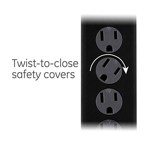 GE 6-Outlet Surge Protector, 2 Pack, 4 Ft Extension Cord, Power Strip, 800 Joules, Flat Plug, Twist-to-Close Safety Covers, Protected Indicator Light, UL Listed, Black, 54635
