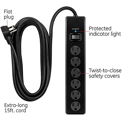 GE 6-Outlet Surge Protector, 15 Ft Extension Cord, Power Strip, 800 Joules, Flat Plug, Twist-to-Close Safety Covers, Protected Indicator Light, UL Listed, Black, 50767