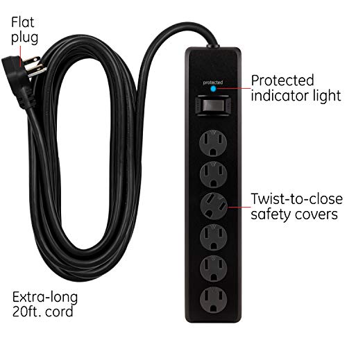 GE 6-Outlet Surge Protector, 20 Ft Extension Cord, Power Strip, 800 Joules, Flat Plug, Twist-to-Close Safety Covers, Protected Indicator Light, UL Listed, Black, 50769