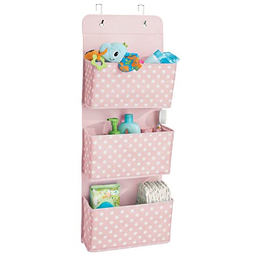 mDesign Fabric Hanging Organizers for Over the Door Storage In Bedroom or Hallway Closets - 3 Pocket Organizer Caddy with Hooks for Linens, Clothing and Accessories - Polka Dot - Pink/White