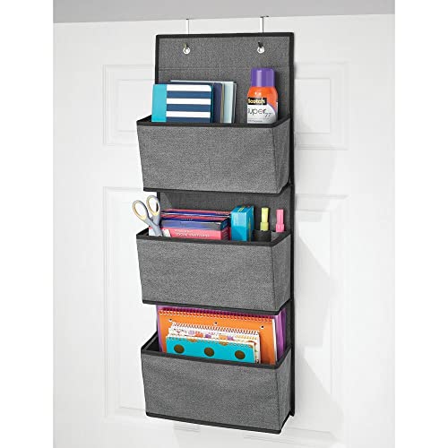 mDesign Fabric Hanging Organizers for Over The Door Storage in Bedroom/Hallway Closets, 3 Pocket Organizer Caddy, Hooks for Clothing, Accessories, Lido Collection, Textured Print, Charcoal Gray/Black