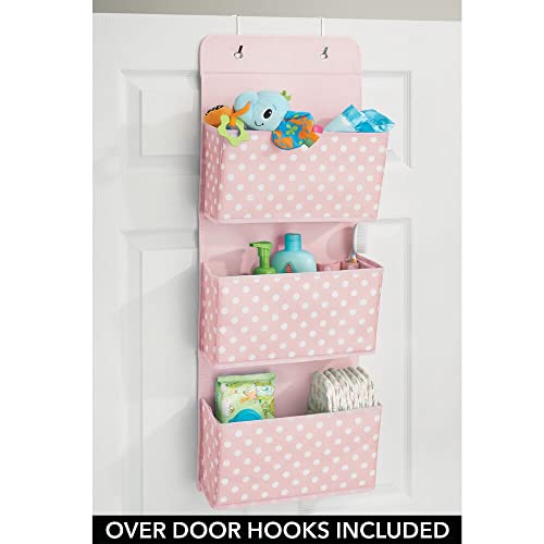 mDesign Fabric Hanging Organizers for Over the Door Storage In Bedroom or Hallway Closets - 3 Pocket Organizer Caddy with Hooks for Linens, Clothing and Accessories - Polka Dot - Pink/White