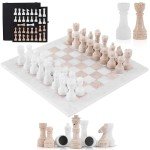 15" Handmade Travertine Marble Chess Set with Storage