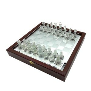 Glass Chess Set with Wooden Case and Pieces