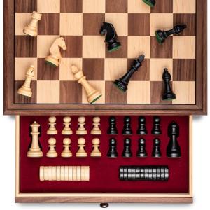 15" Walnut Chess Set with Storage Drawer