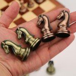 Retro Metal Chess Set with Wooden Folding Board
