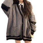 Women's Gray Harajuku V-Neck Knit Cardigan