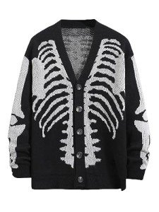 Men's Black Skeleton Pattern Cardigan Sweater