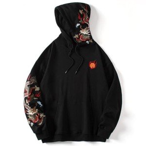 Dragon Embroidered Heavyweight Graphic Hoodie - Black